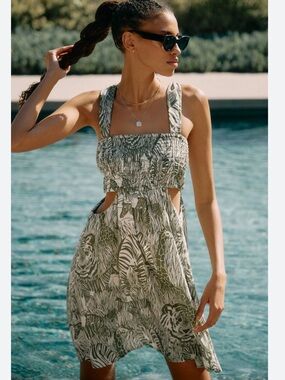 Anthropologie Olive Green & Cream Safari Printed Dress Small